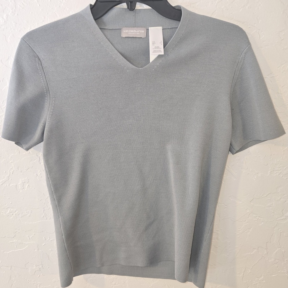 Liz Claiborne Women's Size S Blue Silk Blend Short Sleeve Knit Top V neck